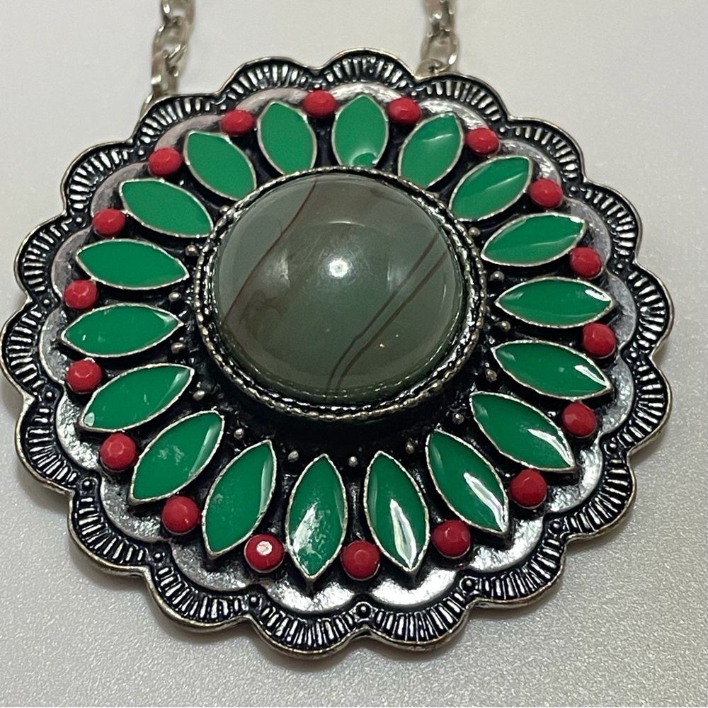 Vintage Boho Statement Necklace, Green & Red Enamel Pendant with Center Stone